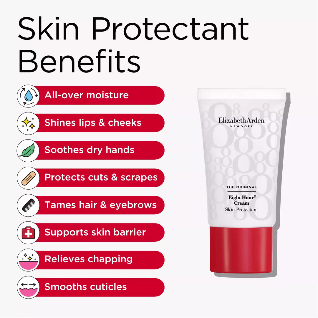 Eight Hour Skin Protectant benefits include all-over moisture, shines lips and cheeks, soothes dry hands, protects cuts and scrapes, tames hair and eyebrows, supports skin barrier, relieves chapping and smooths cuticles.