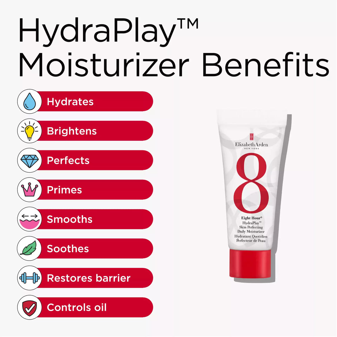 Eight Hour Hydraplay Moisturizer benefits includes hydration, brightening, perfecting, priming, smoothing, soothing, restoring barrier and controlling oil.