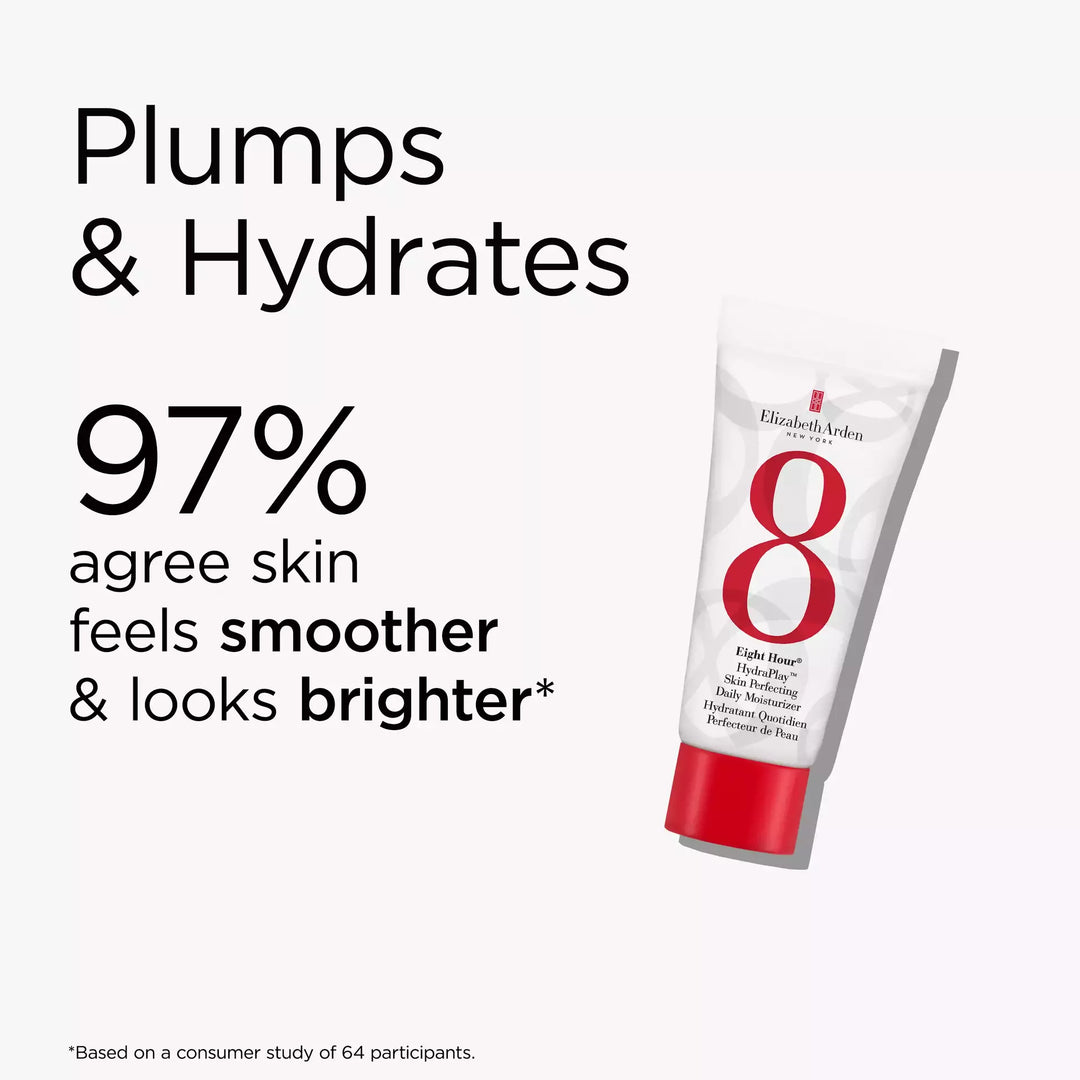 Eight Hour Hydraplay Moisturizer plumps and hydrates. 97% agree skin feels smoother and looks brighter* *Based on a consumer study of 64 participants.