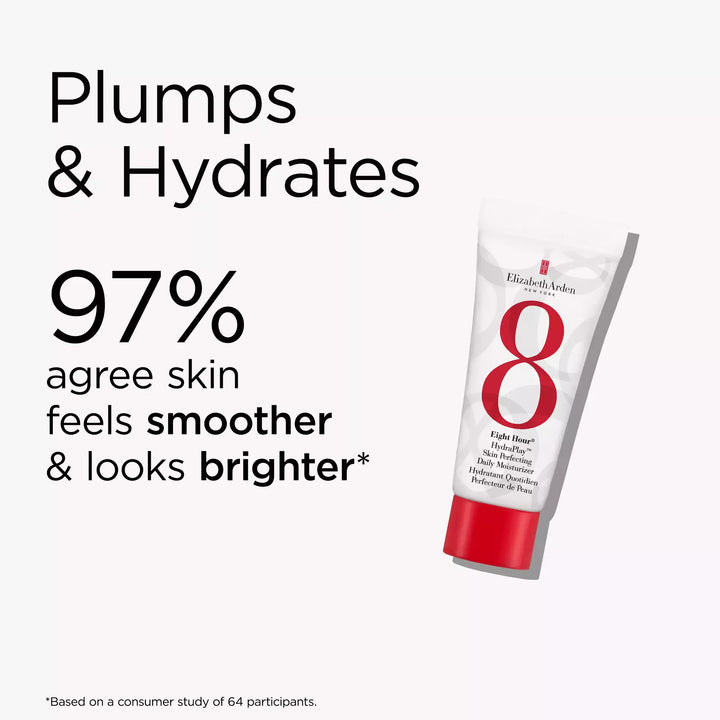 Eight Hour Hydraplay Moisturizer plumps and hydrates. 97% agree skin feels smoother and looks brighter* *Based on a consumer study of 64 participants.