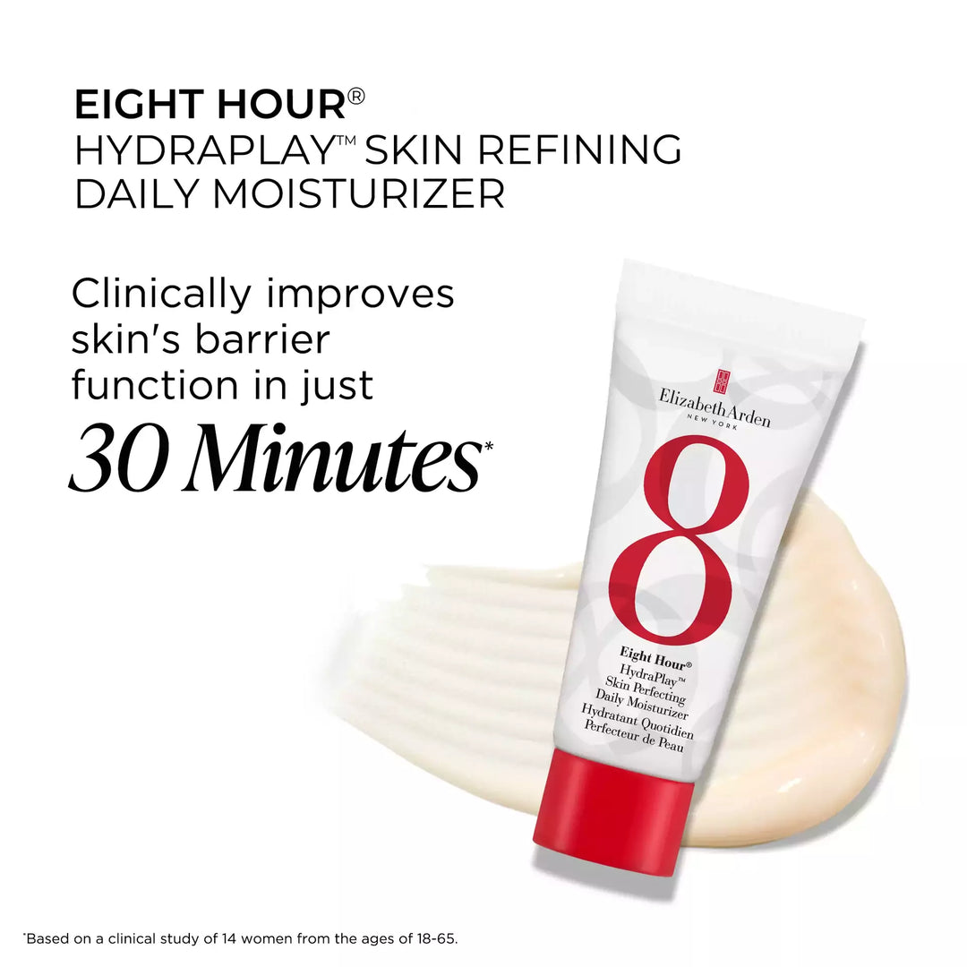 Eight Hour Hydraplay Skin Refining Daily Moisturizer clinically improves skin's barrier function in just 30 minutes* *based on a clinical study of 14 women from the ages of 18-65.