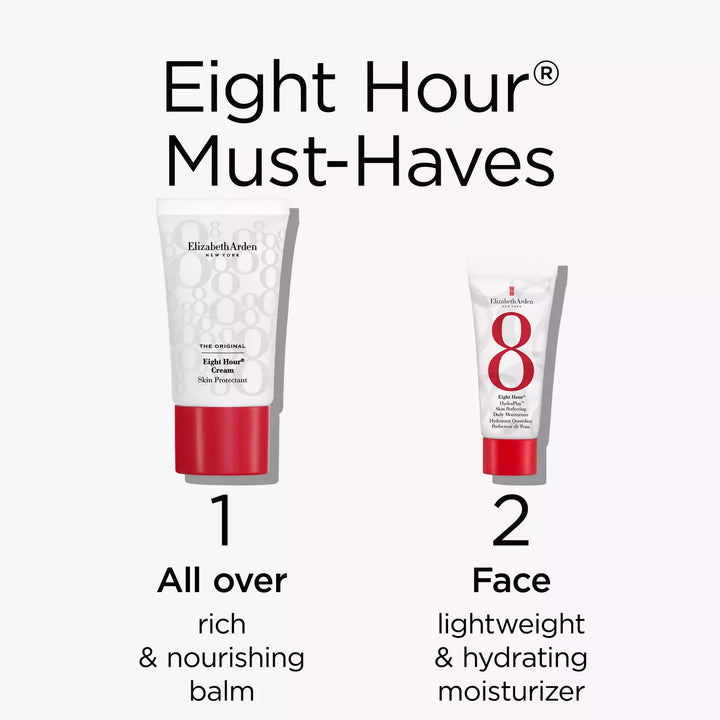 Eight Hour Regimen. Step 1, apply the Eight Hour Skin Protectant all over. It is a rich and nourishing balm. Step 2, apply on your face the Eight Hour Hydraplay Moisturizer which is a lightweight and hydrating moisturizer.