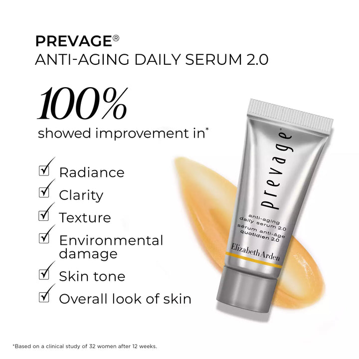 Prevage Anti-aging Daily Serum 2.0. 100% showed improvement in* radiance, clarity, texture, environmental damage, skin tone, and overall look of skin. *Based on a clinical study of 32 women after 12 weeks. 