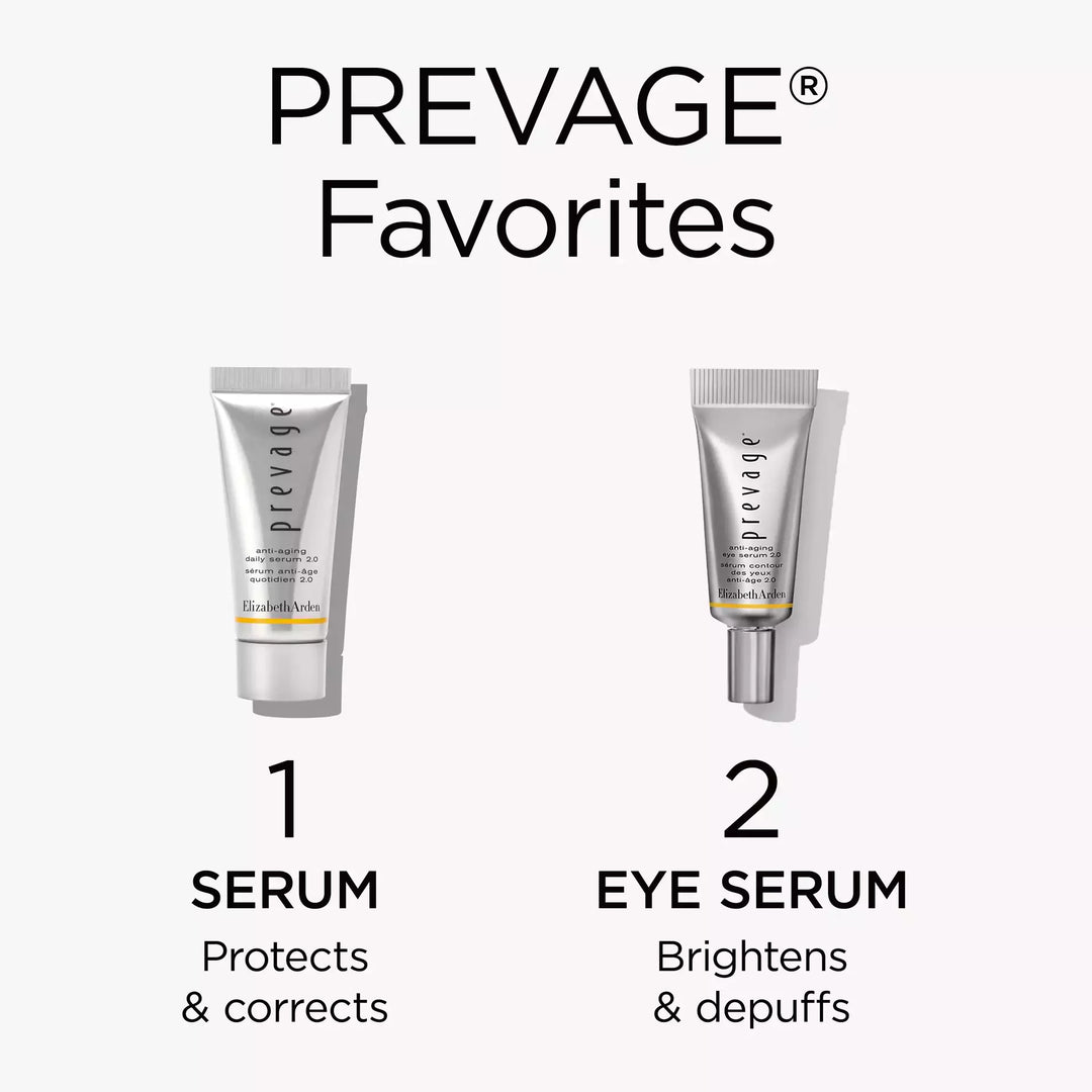 Prevage Regimen. Step 1, apply Prevage Daily Serum 2.0 to protect and correct. Step 2, apply Prevage eye serum 2.0 to brighten and depuff.