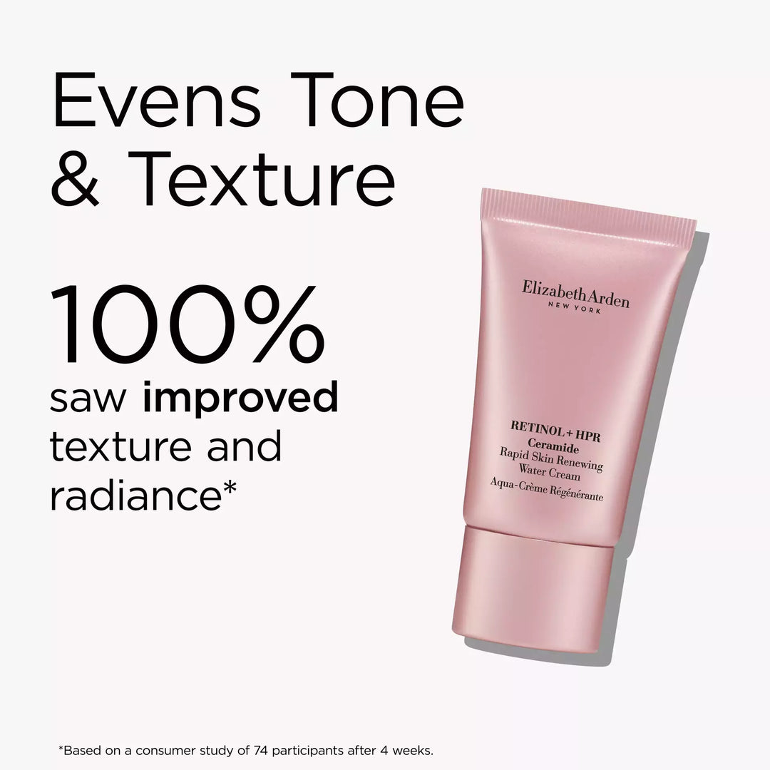 Retinol HPR Ceramide Water Cream evens tone and texture. 100% saw improved texture and radiance* *Based on a consumer study of 74 participants after 4 weeks.