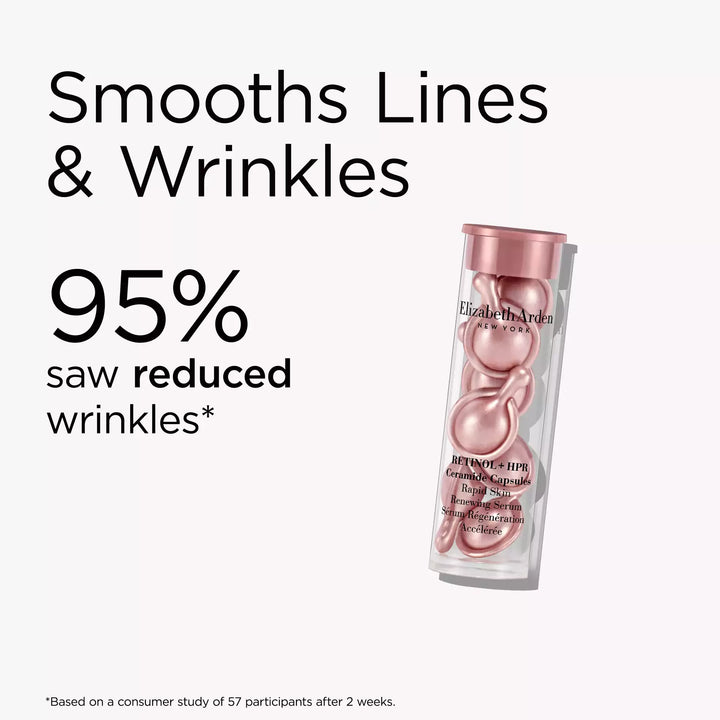Retinol HPR Ceramide Capsules smooths lines and wrinkles. 95% saw reduced wrinkles* *Based on a consumer study of 57 participants after 2 weeks.