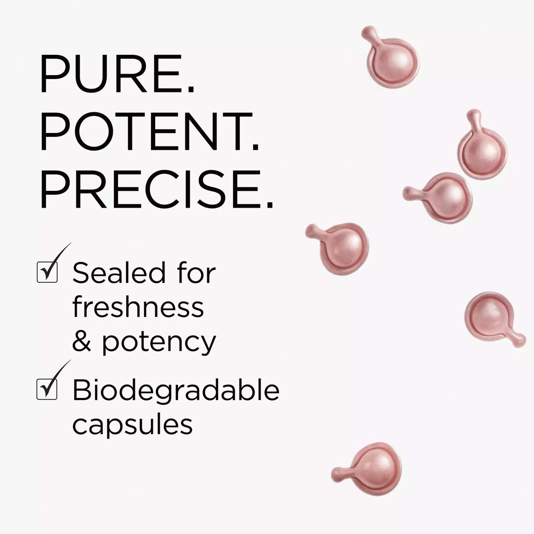 Pure. Potent. Precise. No fillers, sealed for freshness and potency and is single dosed for no guesswork skincare. Biodegradable capsules.