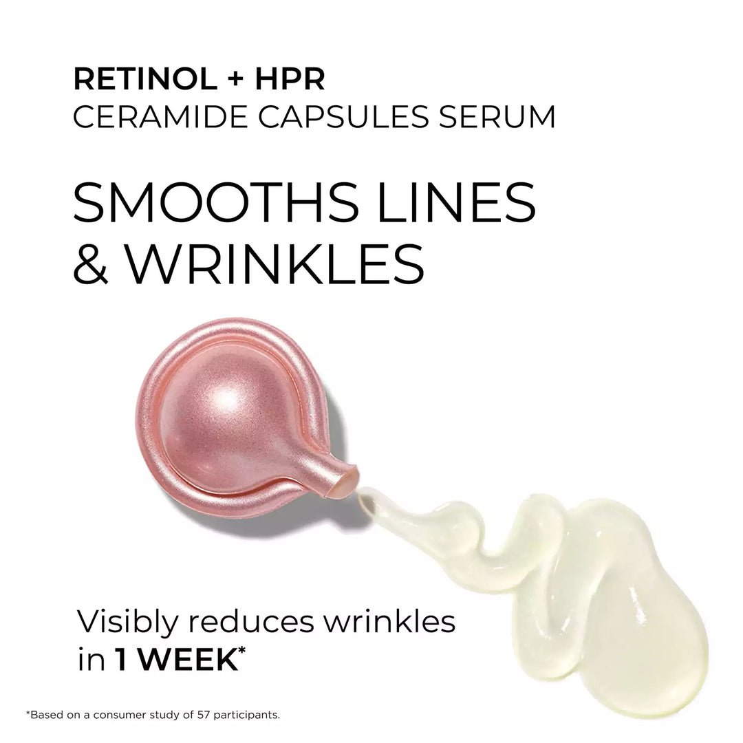 Retinol + HPR Ceramide Capsule Serum. Smooths lines and wrinkles. Visibly reduces wrinkles in 1 week* *Based on a consumer study of 57 participants. 