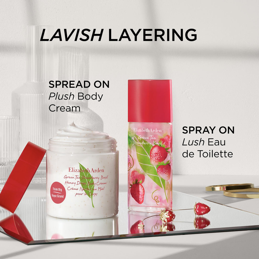 Lavish Layering. Spread on the plush Green Tea Strawberry Basil Body Cream and then spray on lush Green Tea Strawberry Basil Eau de Toilette.