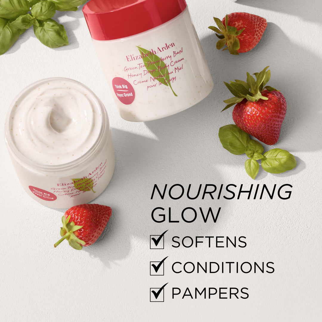 Green Tea Strawberry Basil Honey Drops Body Cream gives a nourishing glow, softens, conditions and pampers.