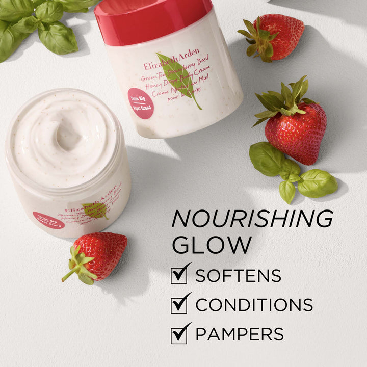 Green Tea Strawberry Basil Honey Drops Body Cream gives a nourishing glow, softens, conditions and pampers.