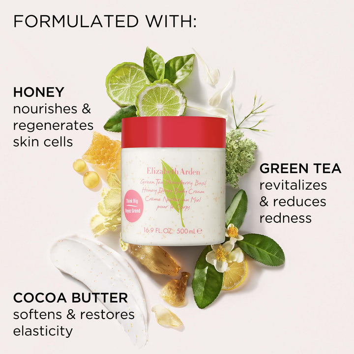 Green Tea Strawberry Basil Honey Drops Body Cream is formulated with honey that nourishes and regenerates skin cells, green tea that revitalizes and reduces redness and cocoa butter that softens and restores elasticity.