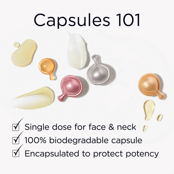 Capsules 101. Single dose for face and neck. 100% biodegradable capsule. Free from added fragrance. Encapsulated to protect potency.