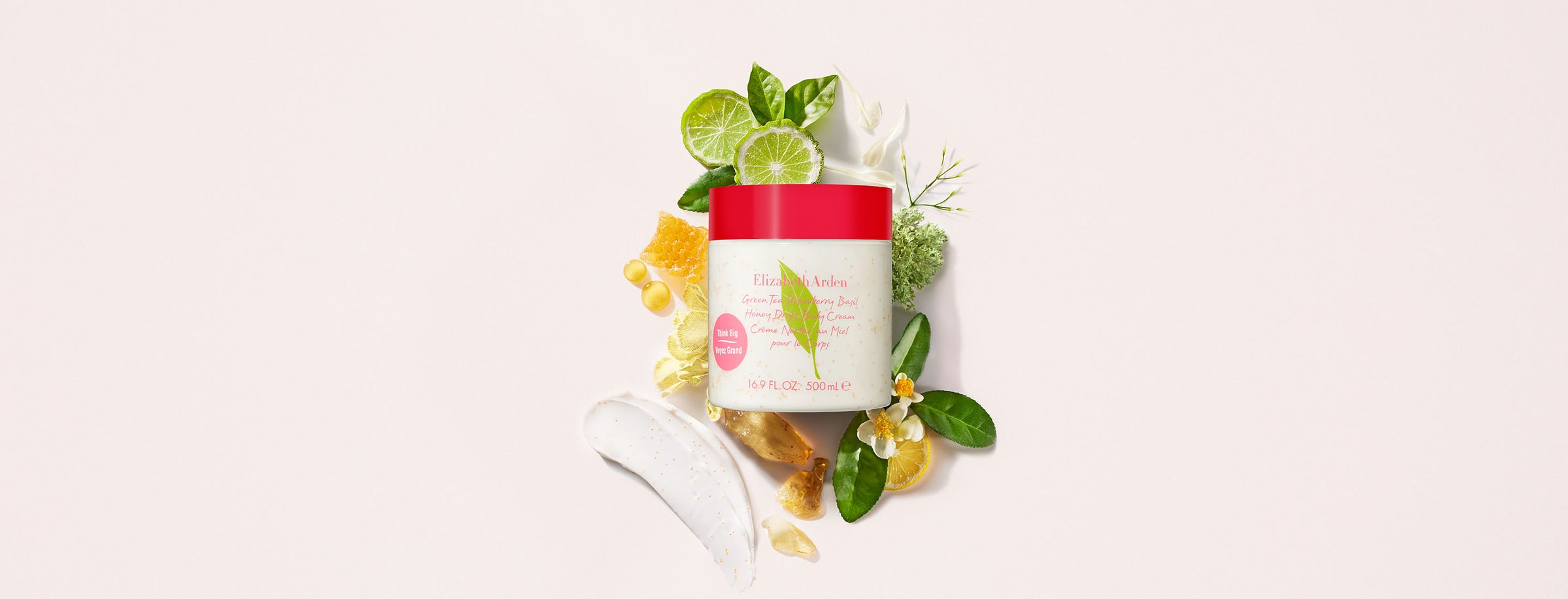 Green Tea Strawberry Basil Honey Drops Body Cream displayed with cocoa butter, honey, lemon, and green tea ingredients.