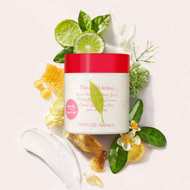 Green Tea Strawberry Basil Honey Drops Body Cream displayed with cocoa butter, honey, lemon, and green tea ingredients.