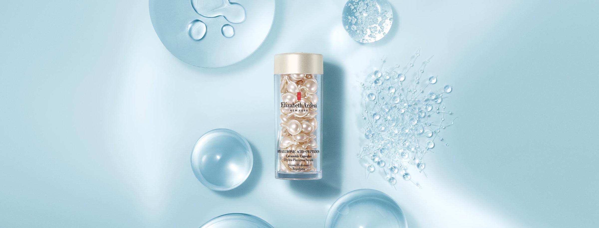 Hyaluronic Acid + Peptides Capsules with ingredients surrounding it with a blue background