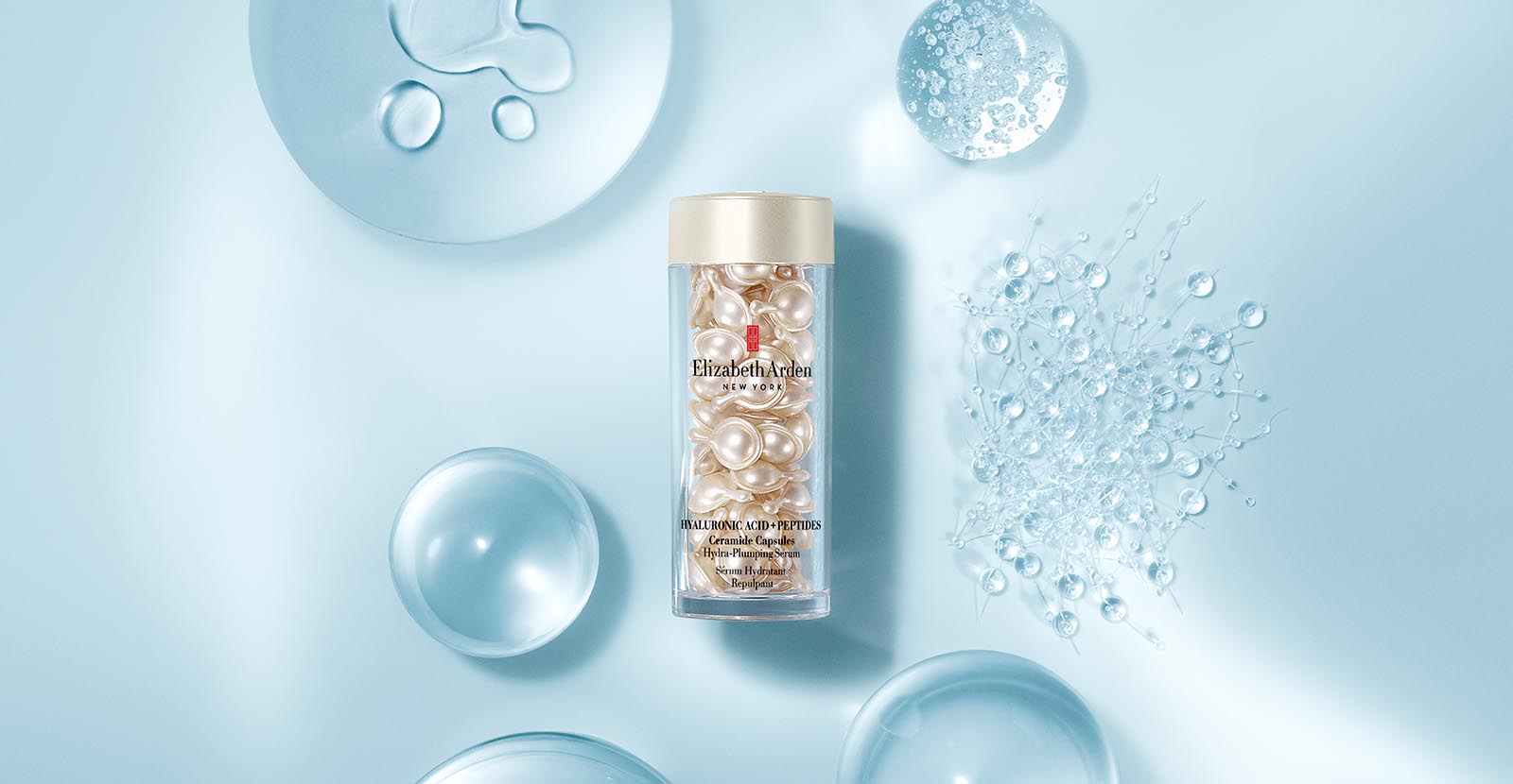 Hyaluronic Acid + Peptides Capsules with ingredients surrounding it with a blue background