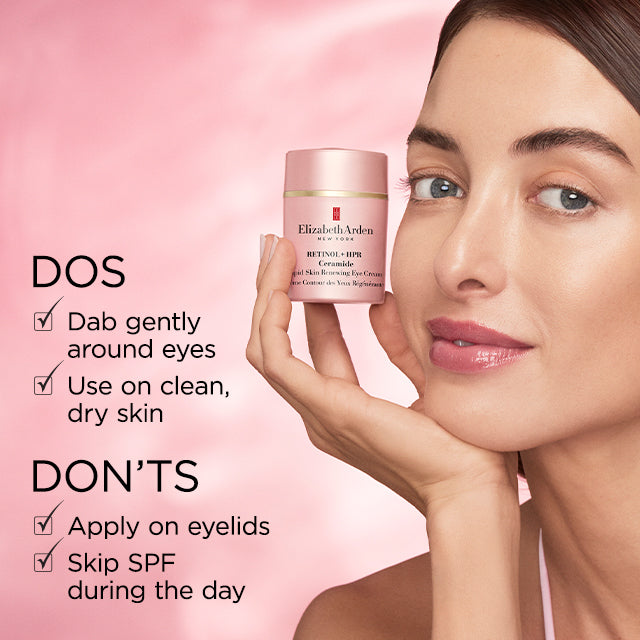 Woman holding Retinol + HPR Ceramide Eye Cream with usage instructions on a pink background. Dab gently around eyes and use on clean, dry skin. Don't apply on eyelids and don't skip SPF during the day!