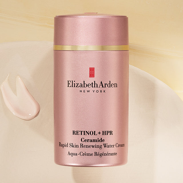 Retinol + HPR Ceramide Water Cream with yellow background and texture shot on the left of the bottle