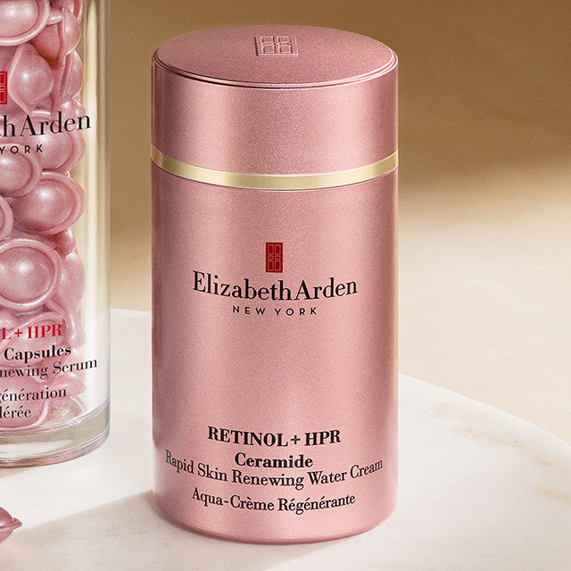 Retinol + HPR Ceramide Water Cream with a beige to brown background