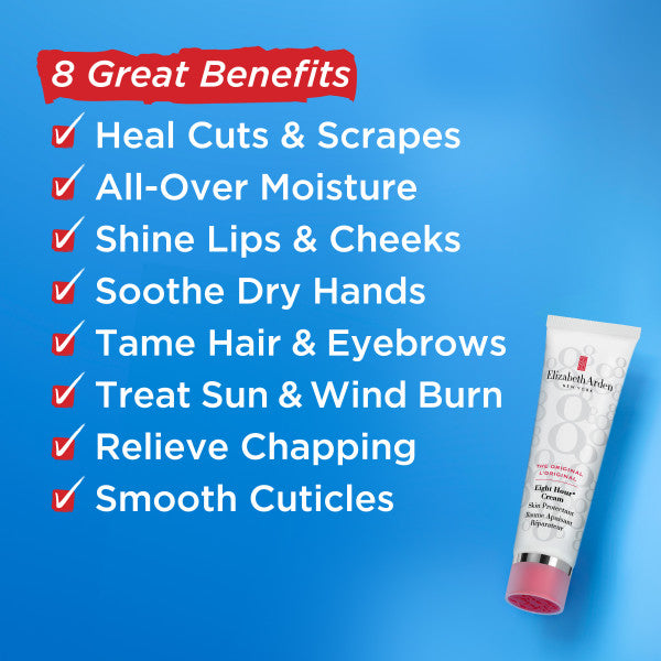 8 Great Benefits- heal cuts and scrapes, all-over moisture, shine lips and cheeks, soothe dry hands, tame hair and eyebrows, treat sun and wind burn, relieve chapping and smooth cuticles