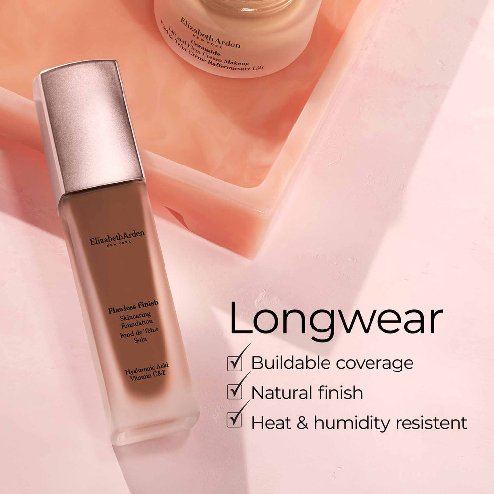 Flawless Finish Skincaring Foundation is long wear. It has buildable coverage, natural finish and heat and humidity resistent.