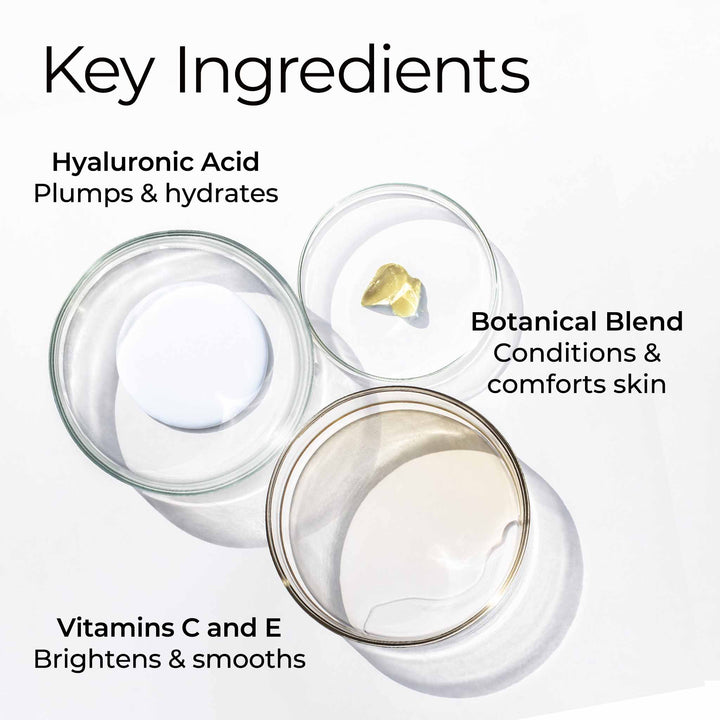 Key Ingredients include hyaluronic acid which plumps and hydrates, botanical blend that conditions and comforts skin, and Vitamin C and E which rightens and smooths.