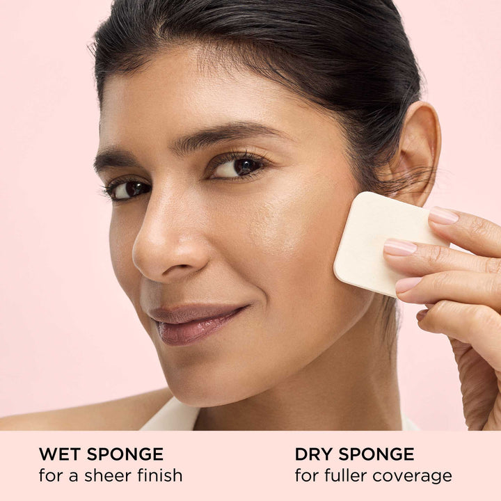 Apply using a wet sponge for a sheer finish. Apply using a dry sponge for fuller coverage.