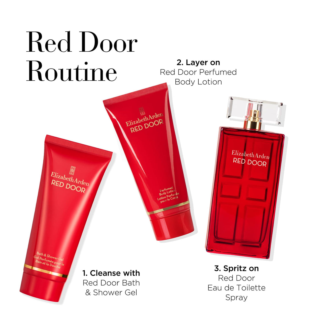 Red Door Routine. 1-Cleanse with Red Door Bath and Shower gel. 2 Layer on Red Door perfume body lotion. 3 Spritz on Red Door EDT Spray