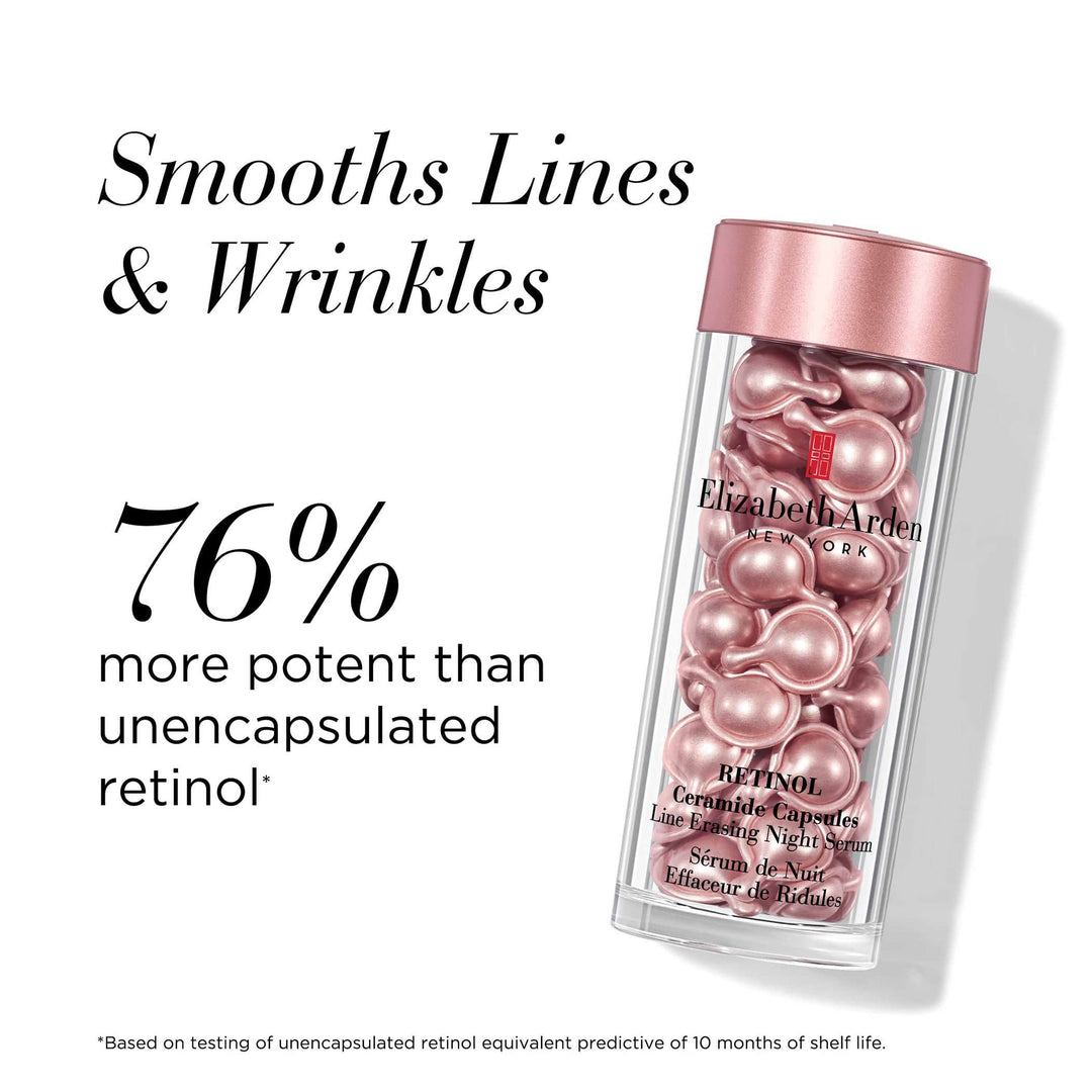 Smooths Lines and Wrinkes. 76% more potent than unencapsulated retinol* *Based on testing of unencapsulated retinol equivalent predictive of 10 months of shelf life. 
