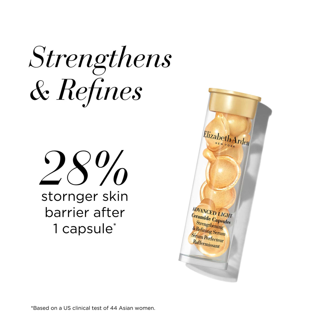 Strengthens and refines. 28% stronger skin barrier after 1 capsule* *Based on a US clinical test of 44 Asian women