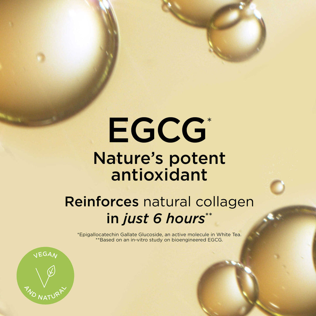 EGCG* Nature's potent antioxidant. Reinforces natural collagen in just 6 hours** *1)Epigallocatechin Gallate Glucoside, an active molecule in White Tea **Based on an in-vitro study on bioengineeredEGCG