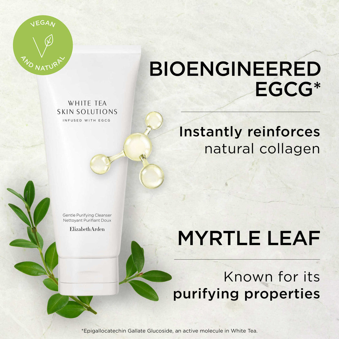 Bioengineered EGCG* Instantly reinforces natural collagen. Myrtle Leaf-Known for its purifying properties. *Epigallocatechin Gallate Glucoside, an active molecule in White Tea