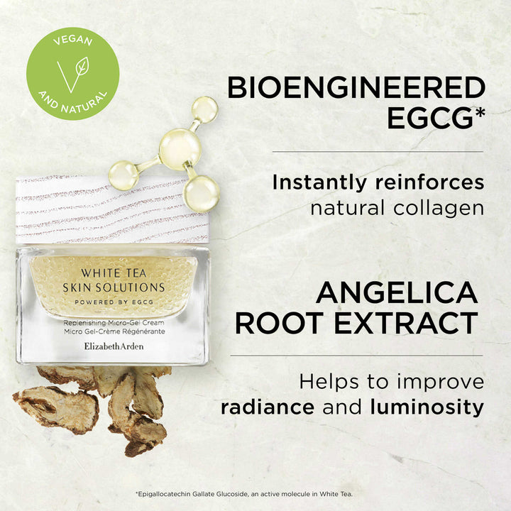 Bioengineered EGCG* Instantly reinforces natural collagen. Angelica Root Extract helps to improve radiance and luminosity. *Epigallocatechin Gallate Glucoside, an active molecule in White Tea