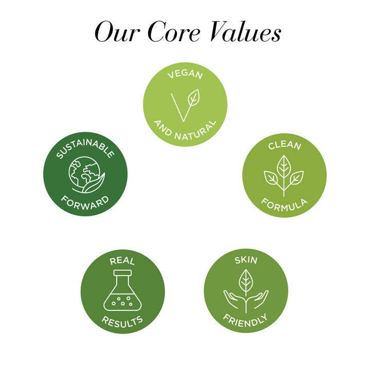 Our Core Values: Vegan and natural, clean formula, skin friendly, real results and sustainable forward