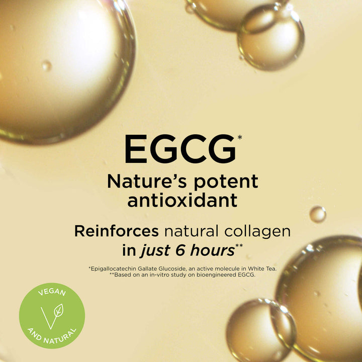 EGCG* Nature's potent antioxidant. Reinforces natural collagen in just 6 hours** *Epigallocatechin Gallate Glucoside, an active molecule in White Tea **Based on an in-vitro study on bioengineered EGCG