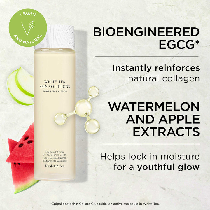 Bioengineered EGCG* Instantly reinforces natural collagen. Watermelon and apple extracts- helps lock in moisture for a youthful glow *Epigallocatechin Gallate Glucoside, an active molecule in White Tea
